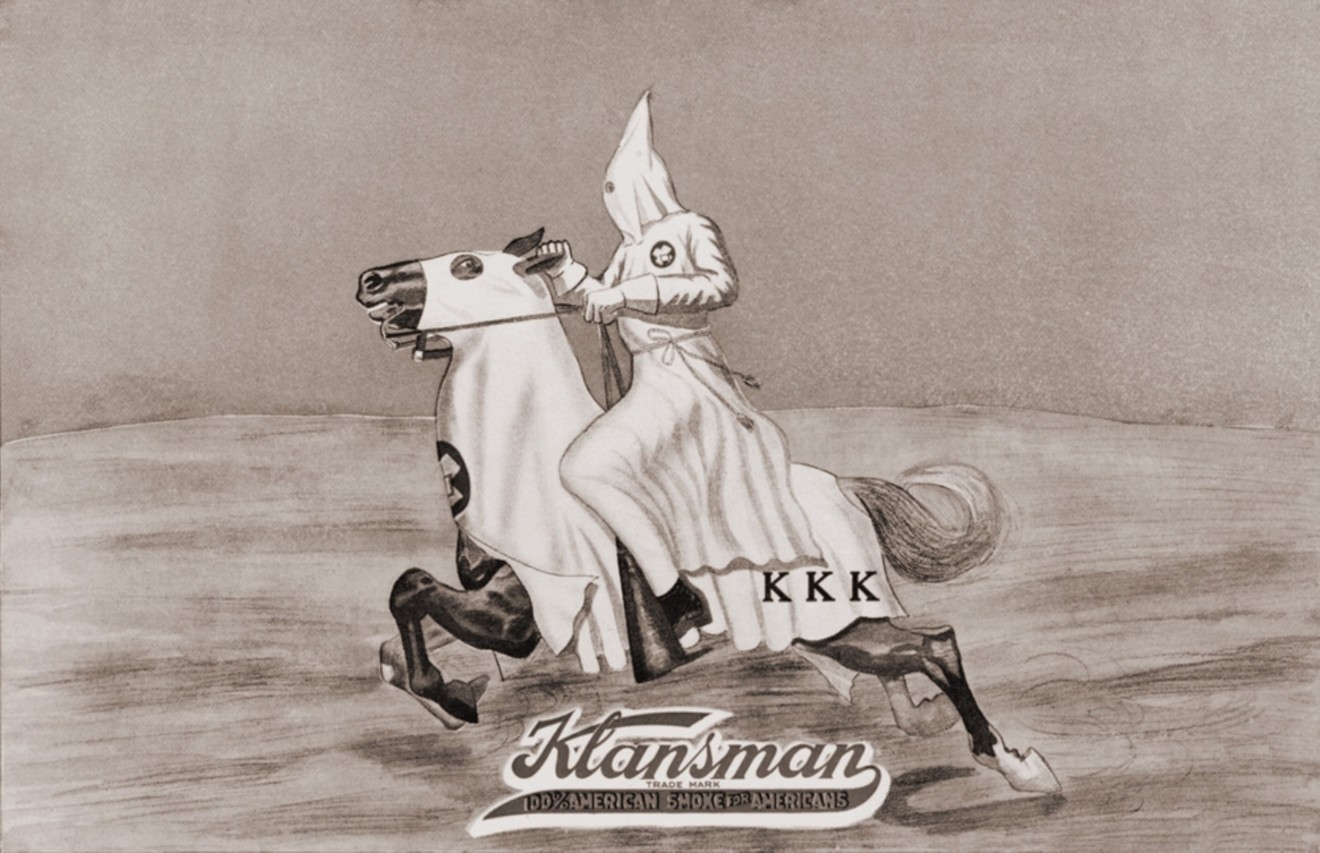 1923 tobacco label for Klansman All-American Cigar Co. of Dallas, showing a Klansman on horseback.