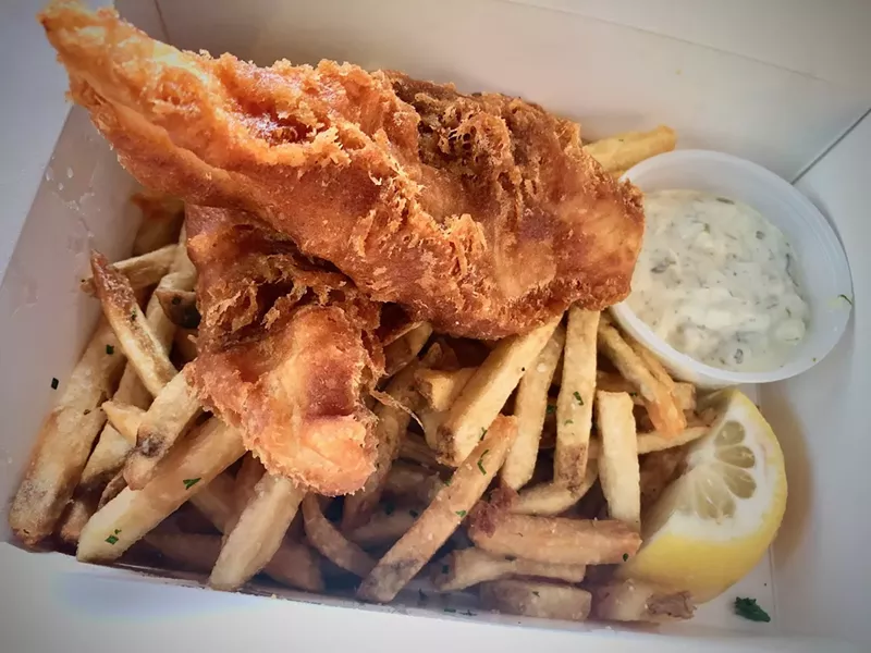 Image: Ten Bells Tavern fish and chips in a to-go box; when the pandemic first hit, they struggled to adapt to takeout but labored through the changes to stay afloat.