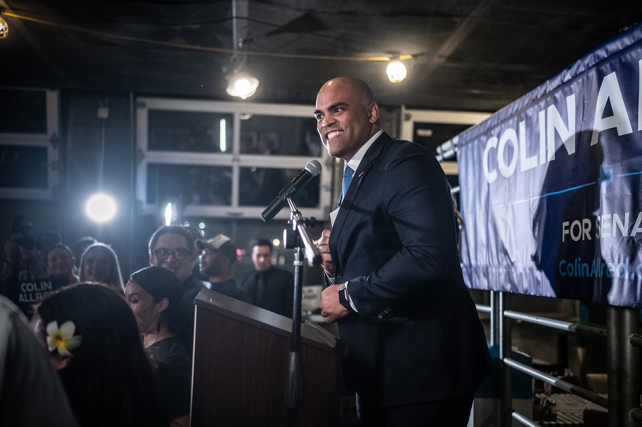 Colin Allred speaks to supporters at Rodeo Goat in Dallas after claiming victory in the Democratic primary. He will face incumbent U.S. Sen. Ted Cruz in November.