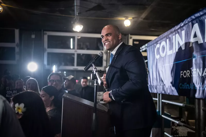 Image: Colin Allred speaks to supporters at Rodeo Goat in Dallas