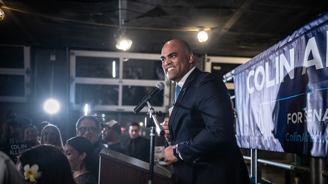 Colin Allred speaks to supporters at Rodeo Goat in Dallas