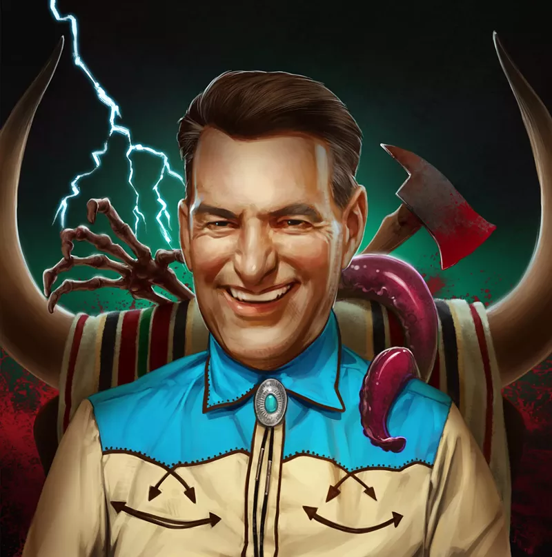 Image: Two bloody thumbs up: Joe Bob Briggs will be back critiquing gory B-movies on Shudder.