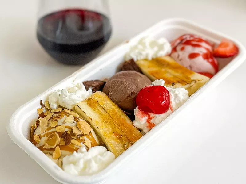 Image: The Epic Banana Split, one of the scrumptious offerings on the new dessert and wine menu at the Trinity Groves Kate Weiser Chocolate location.