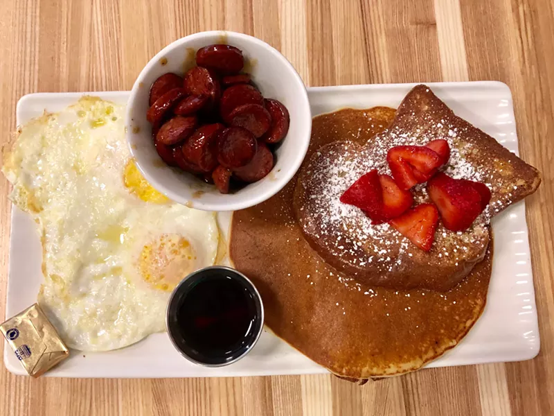 Image: The “B” ($15.98) gets you everything: two eggs any style, venison sausage, one pancake and one slice of French toast. This simple plate would taste better if it were closer to $11.