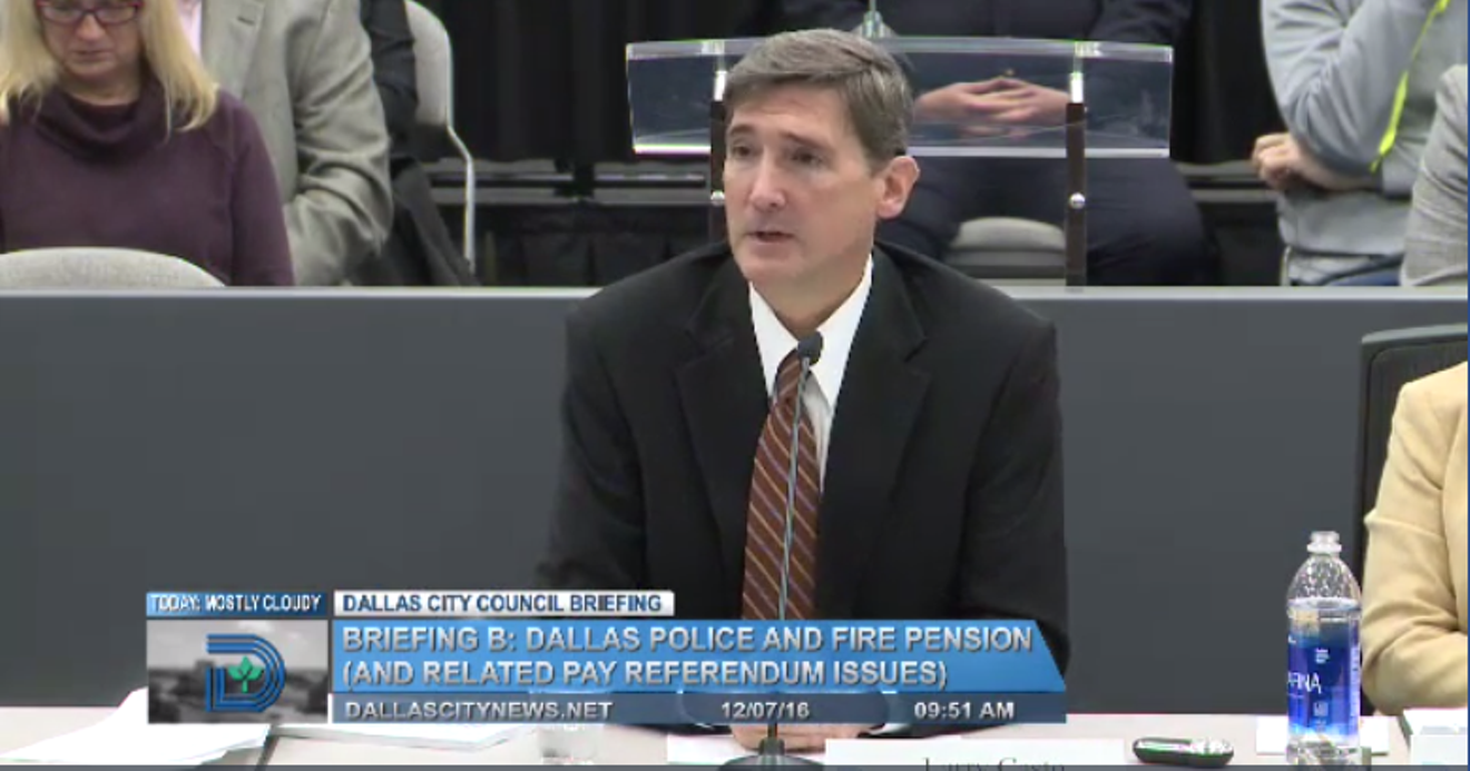 Dallas City Attorney Larry Casto briefed the Dallas City Council on the Dallas police back pay and pension crises in December 2016, two months after taking the job.
