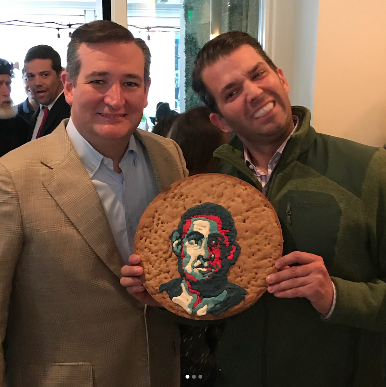 Donald Trump Jr. posted this photo — taken at Dallas restaurant  Le Bilboquet — of him posing with Sen. Ted Cruz and a cookie cake depicting former President Barack Obama.