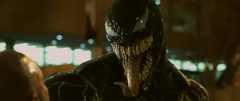 Image: In the sci-fi split-personality comedy Venom, a scrappy TV reporter played by Tom Hardy gets taken over by an alien parasite that shoots out indestructible, warp-speed geysers of slick-black super-goo.