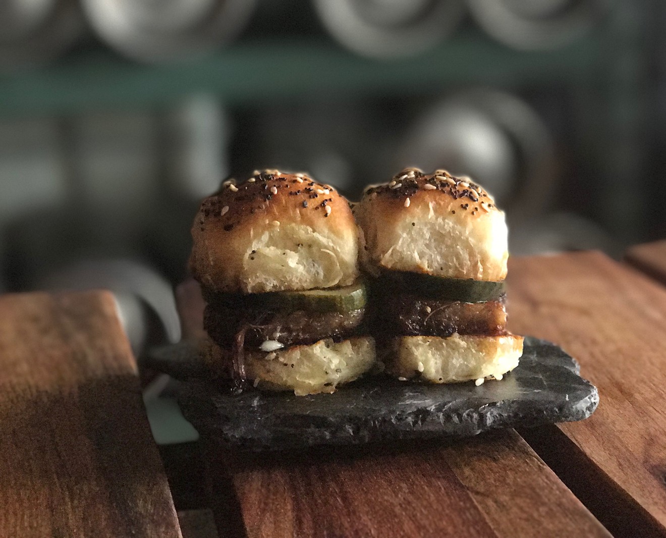 Beef belly sliders on fresh-baked rolls at Small Brewpub ($8).