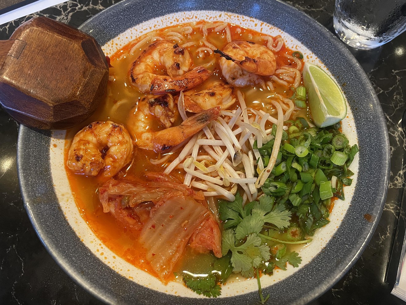 The chili shrimp and kimchi ramen at Wagamama is good for a major chain, but a bit steep at $18.