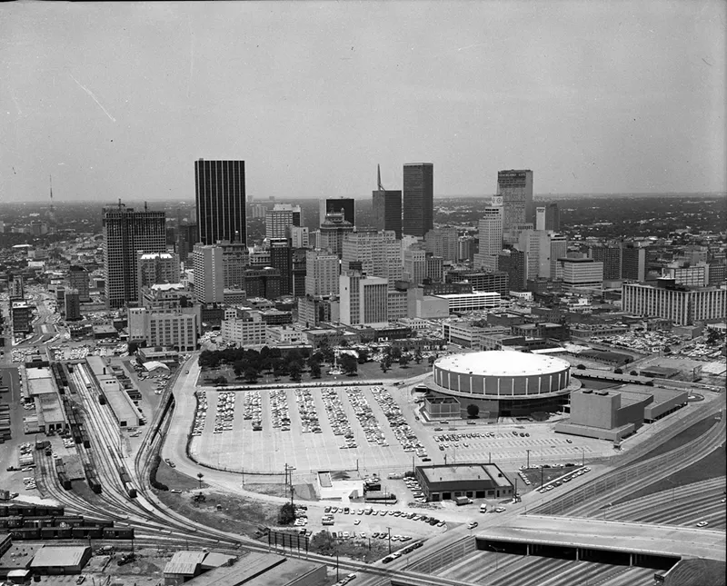 Image: A 1968 view of downtown, prominently featuring Memorial Auditorium.