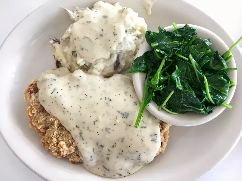 Image: For less than 11 bucks, a chicken-fried steak, spinach from Oak Hill Farms in Poteet, Texas, and delicious mashed potatoes with red-eye gravy.