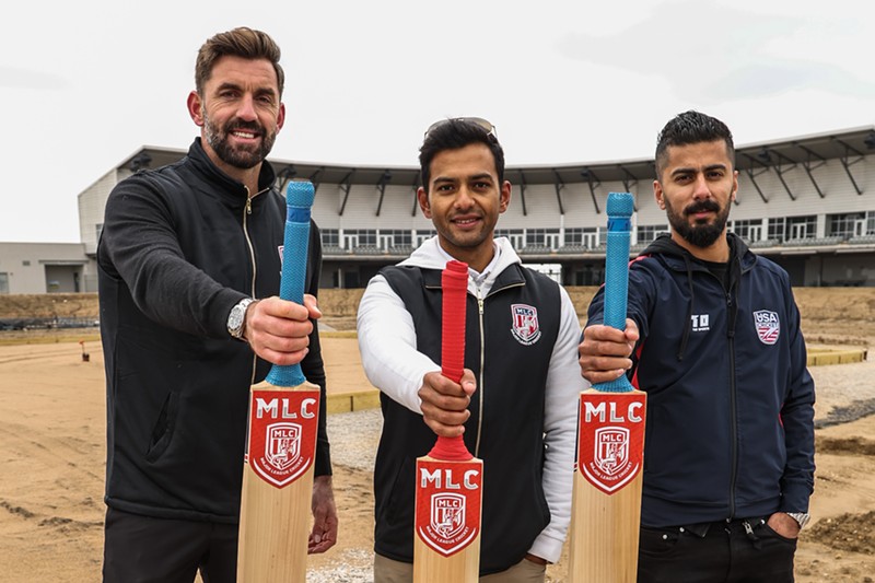 Major Cricket League stars (from left) Liam Plunkett, Chand Unmukt and Ali Khan helped break in the pitch at Grand Prairie's new cricket stadium.