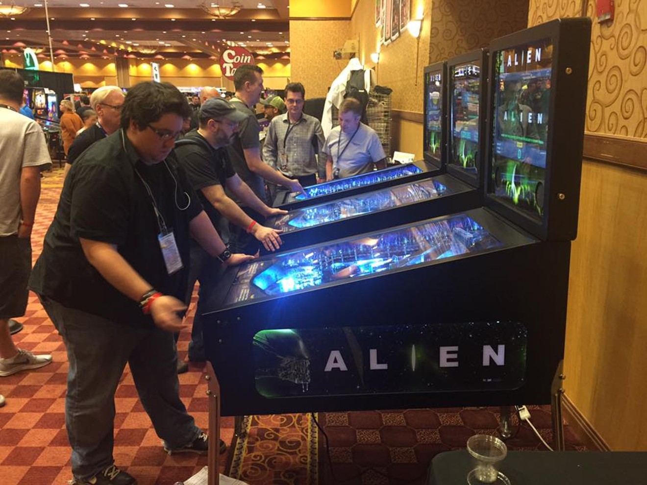 Danny Gallagher testing out the new Alien machine from  Heighway Pinball. It was one of the Texas Pinball Festival's biggest attractions.