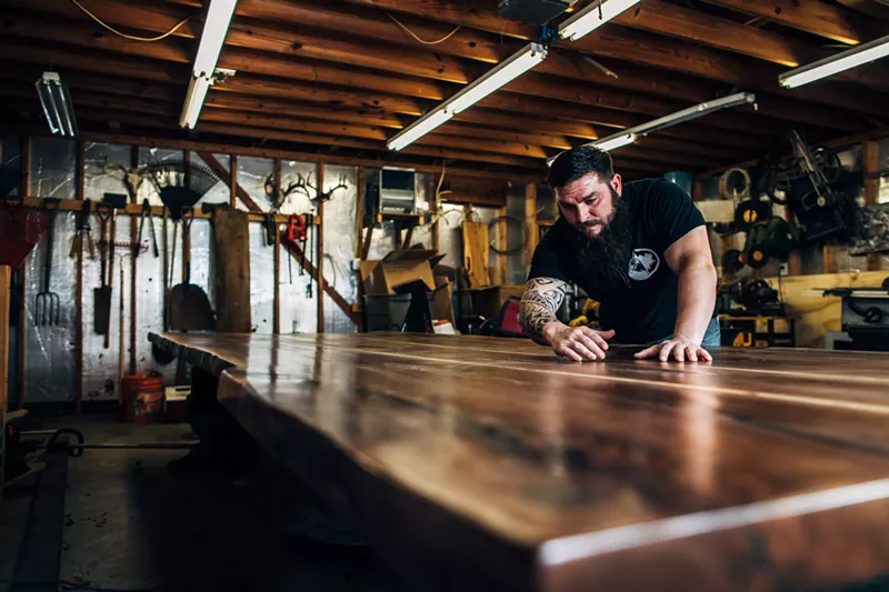 Image: Doc Wright quit his job as an oil geologist to make slab furniture.
