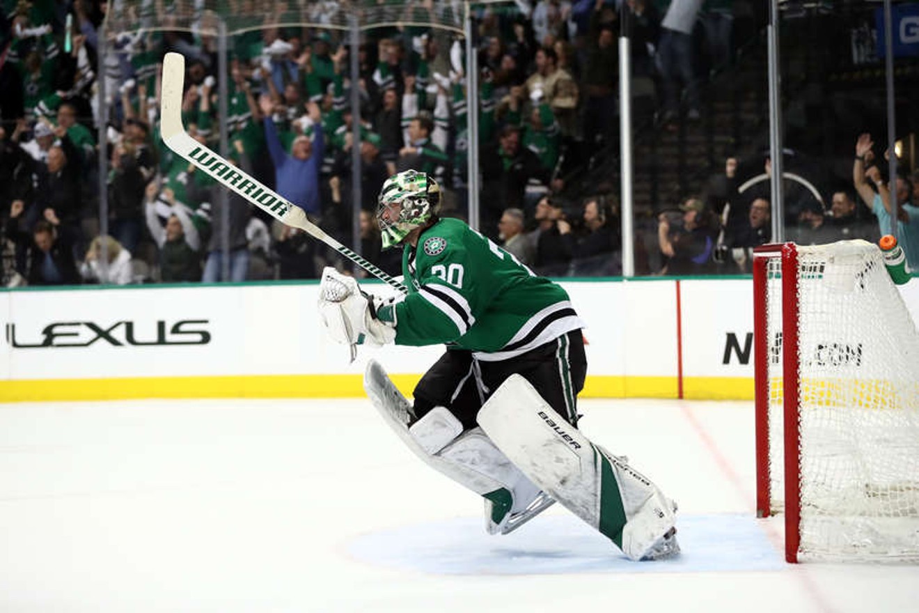 Ben Bishop celebrates the overtime goal that pushed the Stars into the second round of the 2019 Stanley Cup playoffs.