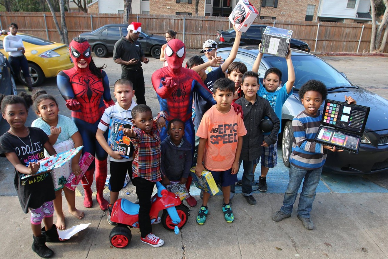 Catherine Chensky (aka Spider-Girl) and Jantzen Ray (aka Spider-Man) deliver toys on Christmas to children who might not otherwise get anything for Christmas.