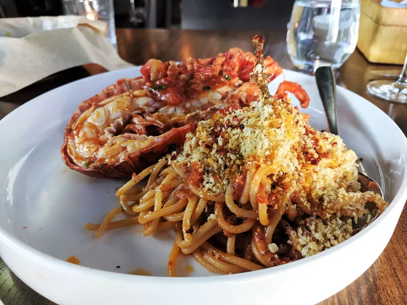 Image: Mille Lire's spaghetti with spicy Calabrian chile sauce. Oh, and a lobster.