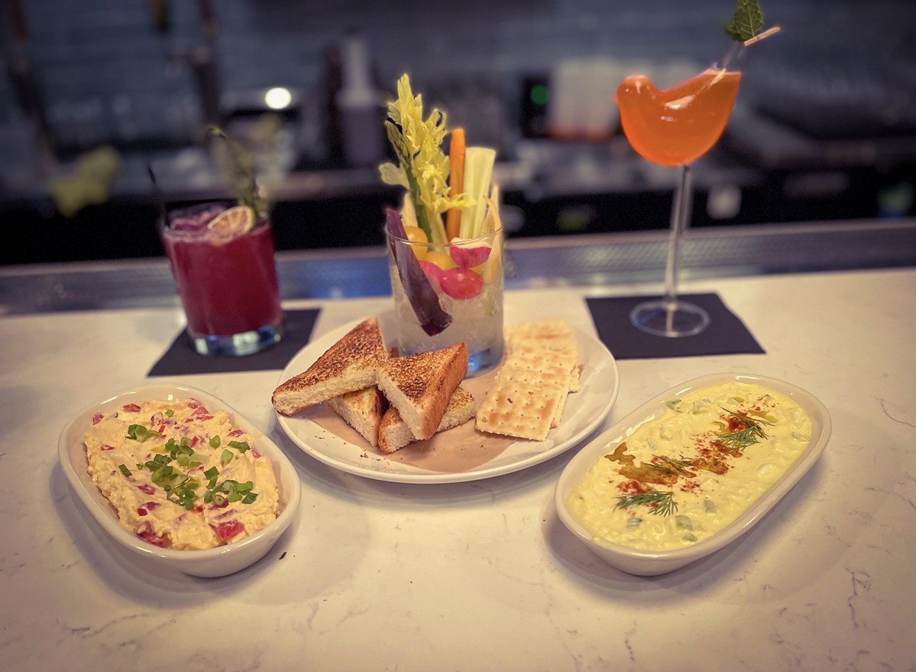 Pimento cheese, egg salad, margarita and the Ginger Bird drink