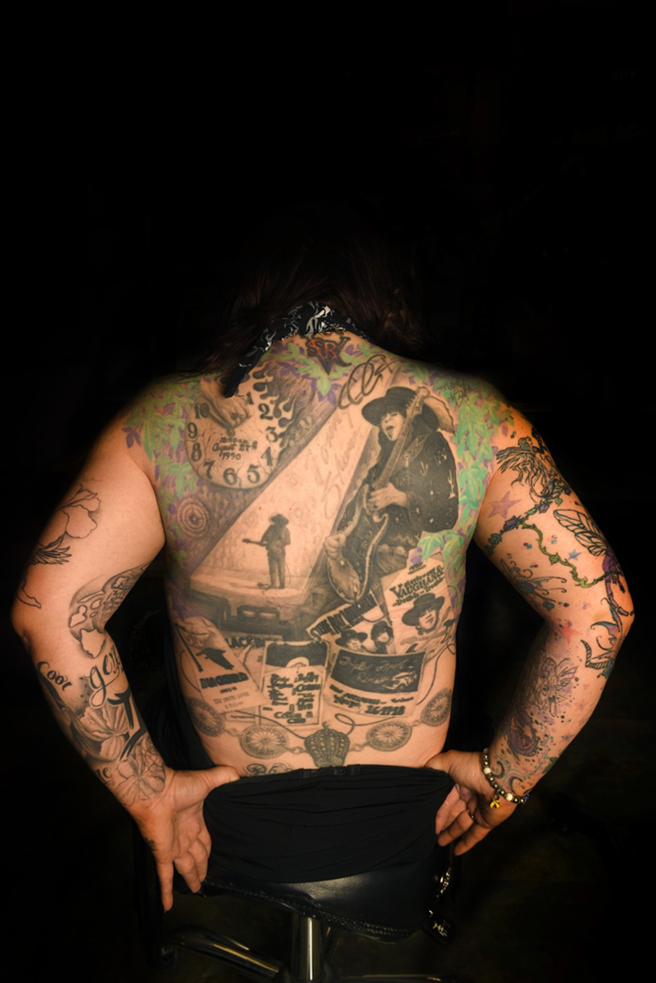 Theresa Barksdale has tattooed her back as a tribute to Stevie Ray Vaughan.