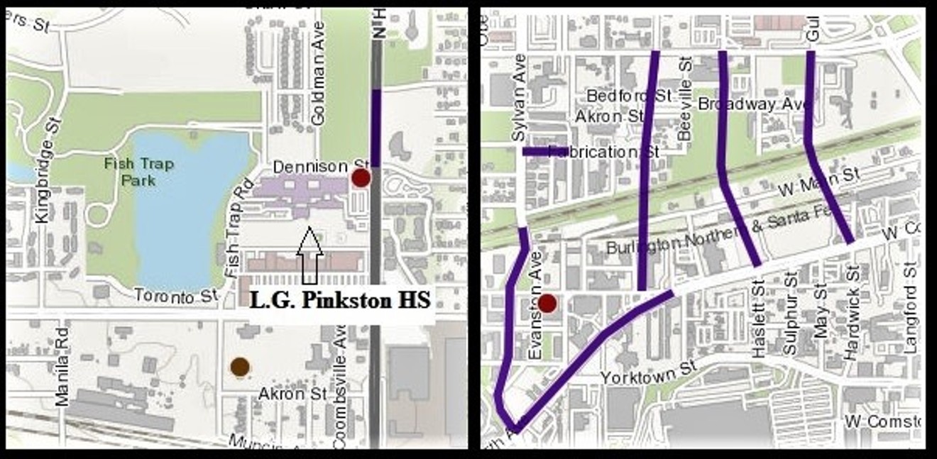 On the right, on land near the western foot of the Margaret Hunt Hill (Calatrava ) Bridge, purple lines and colored dots depict city of Dallas bond projects. On the left, in stark contrast, an area of roughly the same size around L.G. Pinkston High School in West Dallas is a bond project desert.