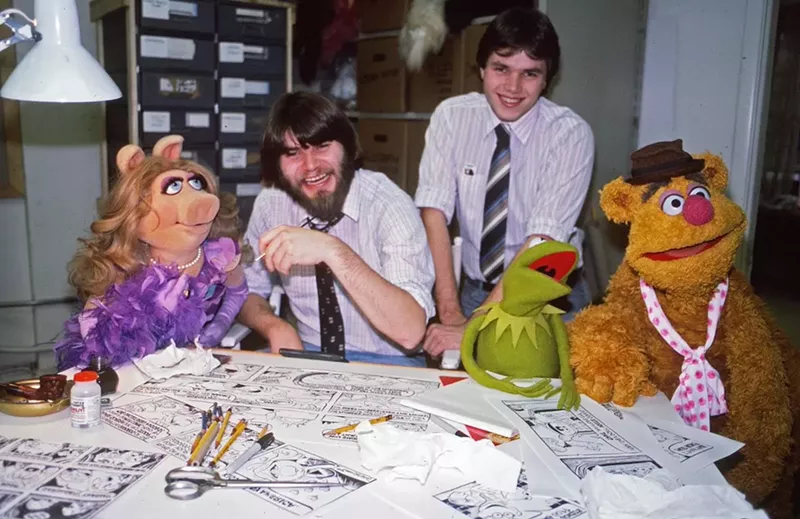 Image: From left, Miss Piggy, Guy Gilchrist, Brad Gilchrist, Kermit and Fozzie Bear