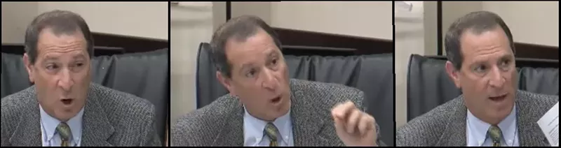 Image: A triptych of Dallas City Council member Lee Kleinman reacting to Kevin Felder's criticism of the South Dallas Fair Park Trust Fund.