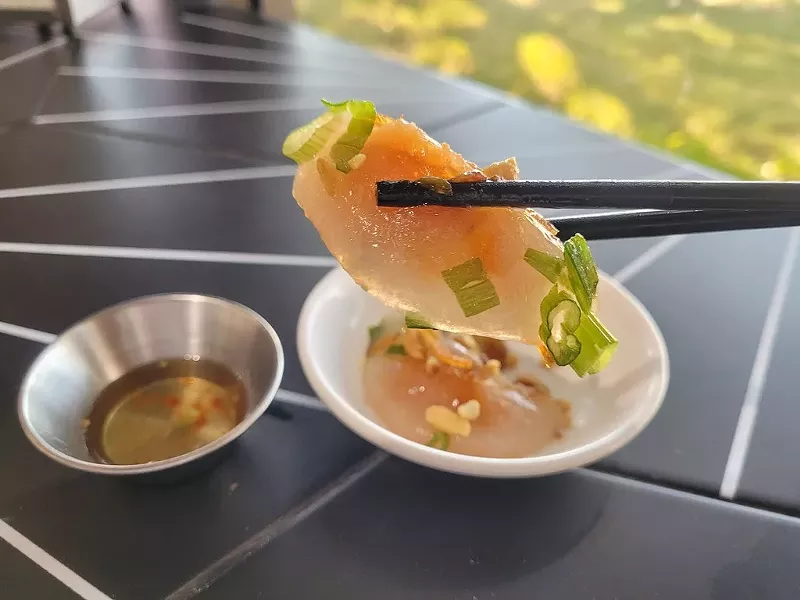 Image: Banh bot loc tran at DaNang Souphouse are small shrimp and pork dumplings in tapioca-skin wrappers.