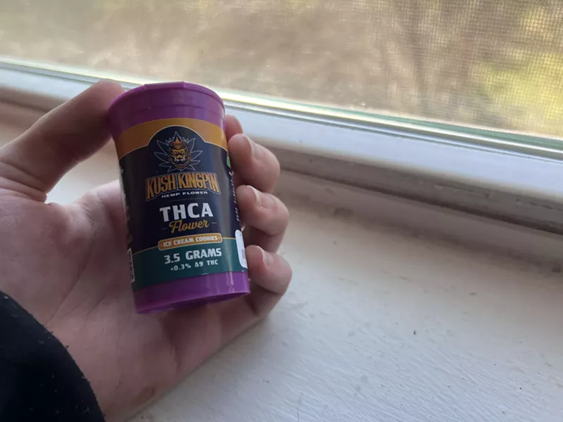 Image: This is Kush Kingpin THCa flower. It was manufactured outside of Texas in partnership with the Dallas-Fort Worth-based hemp company Wyatt Purp.