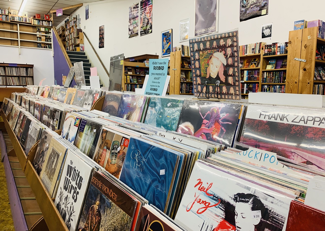 New and used vinyl records line the shelves at Recycled Books & Records in Denton.