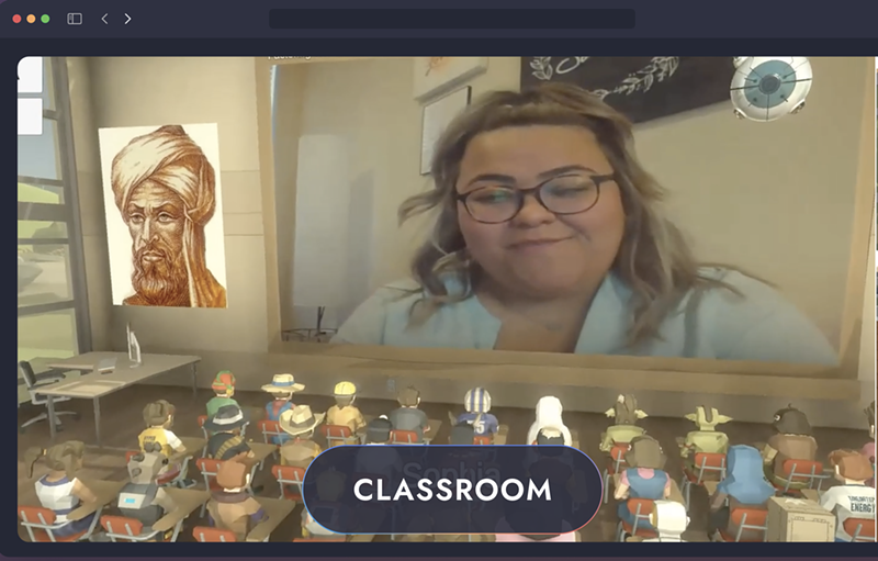 A teacher talks to her class as avatars in a virtual classroom.