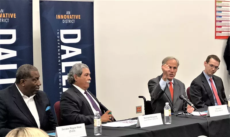 Image: Many of the underlying concepts in the new Texas school finance bill are drawn from successes in the Dallas public school system, discussed here last August by state Sen. Royce West, far left, Dallas Superintendent Michael Hinojosa, Gov. Greg Abbott and Texas Education Commissioner Mike Morath.