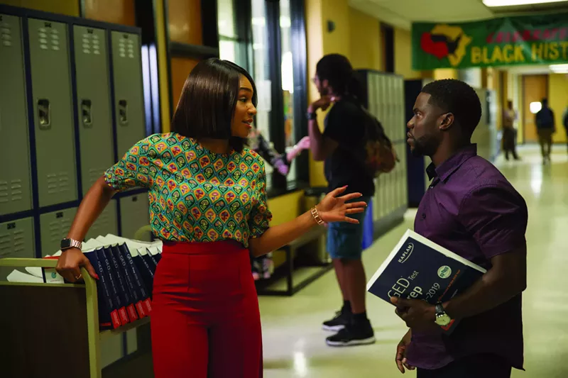 Image: Tiffany Haddish (left) plays the chatty, profane and filter-free Carrie, and Kevin Hart is Teddy, who enrolls in a class she teaches, in Night School, a high-concept comedy directed by Malcolm D. Lee.