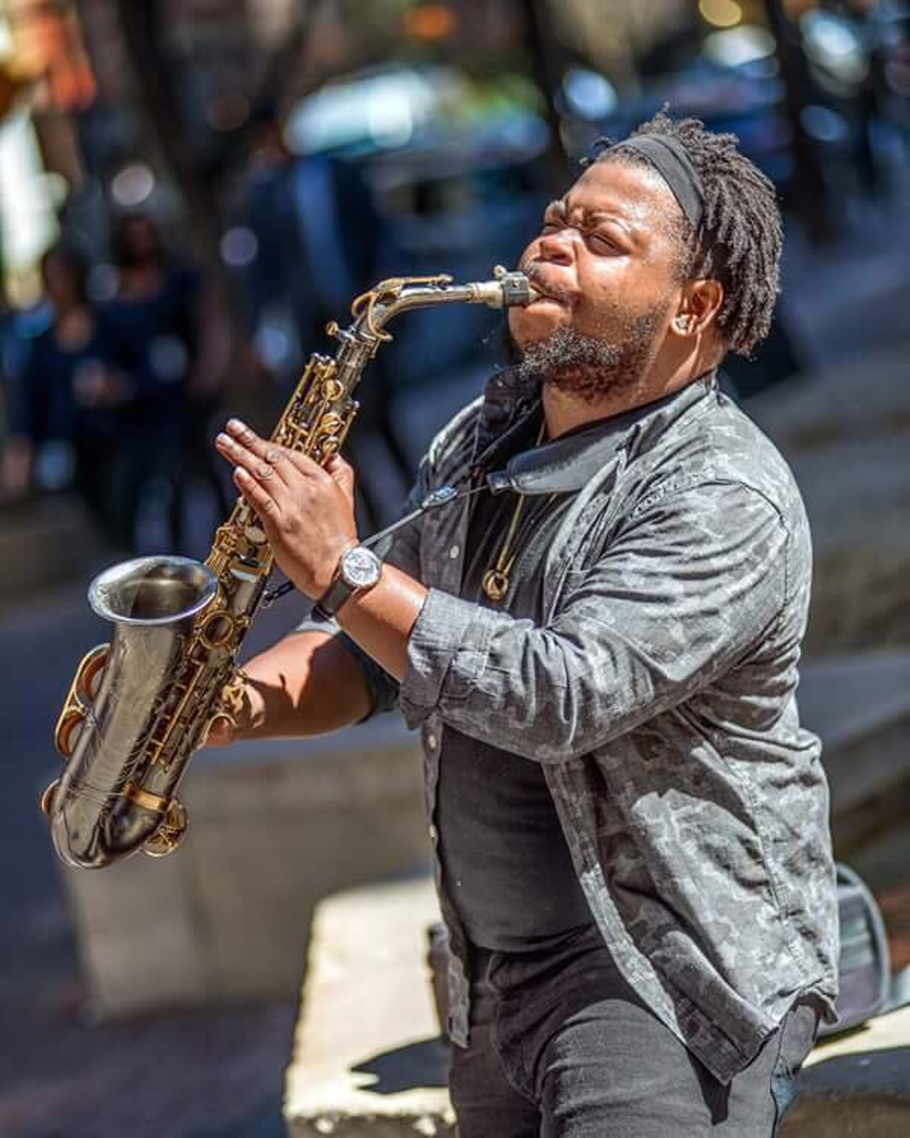 Maurice Curtis slaying the saxophone at Pegasus Plaza