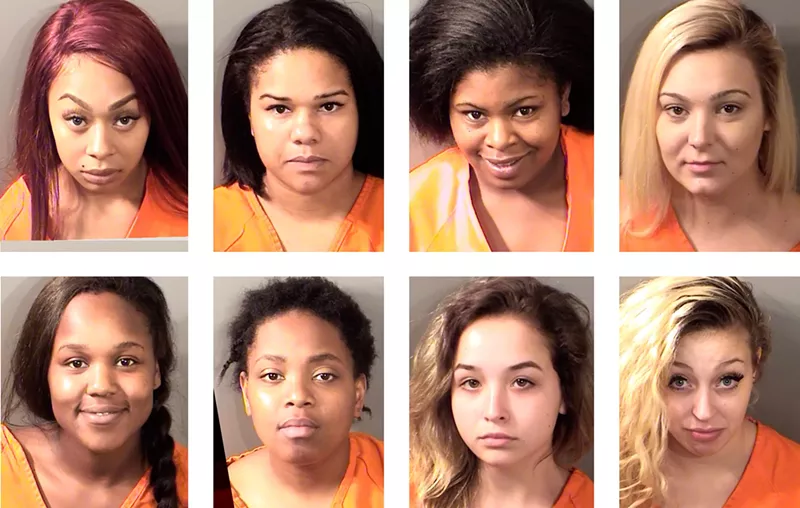 Image: Clockwise from left: Meeliasha Escobedo, Leneicia Griffin, Alexus Harden, Sundee Hunter, Jordan Hussey, Alycia Red, Kearis Morris and Jasmine King were arrested.