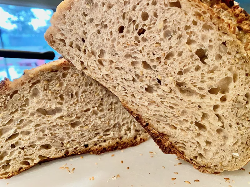 Image: Oak Cliff Bread's multigrain sourdough made with spelt flour, Barton Springs Yecora Rojo that they mill in-house, rye, flax, sesame and sunflower seeds.