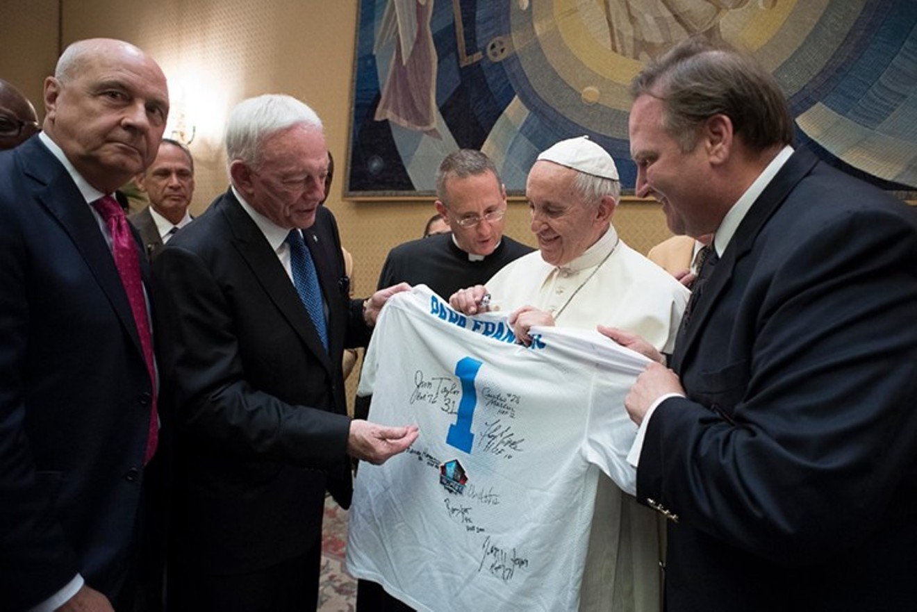 Dallas Cowboys owner Jerry Jones, handing Pope Francis  a jersey, says it all. Dallas is a place that can do the right thing and be realistic at the same time.