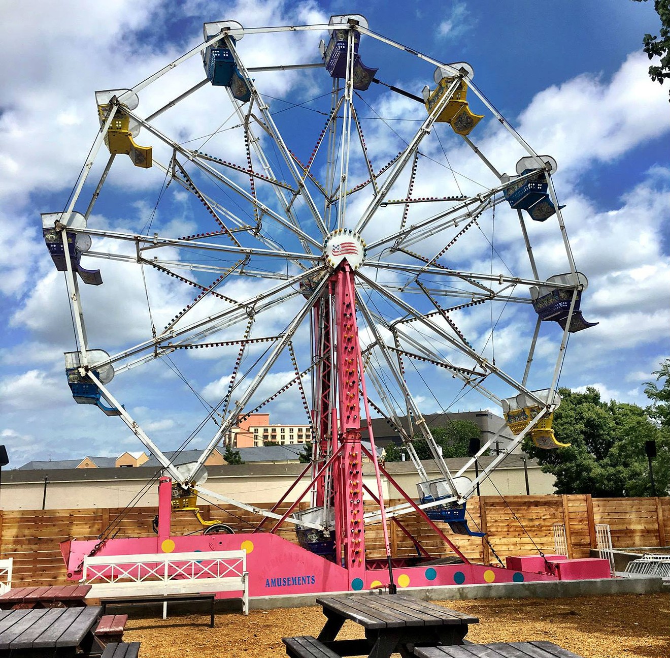 Yes, you can ride this 50-foot-tall Ferris wheel on Ferris Wheelers' 7,000-square-foot patio.