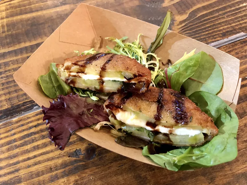 Image: The Texas Fried Hill Country (14 coupons), a Big Tex Choice Awards finalist, is fresh mozzarella and basil sandwiched between two fried green tomatoes.