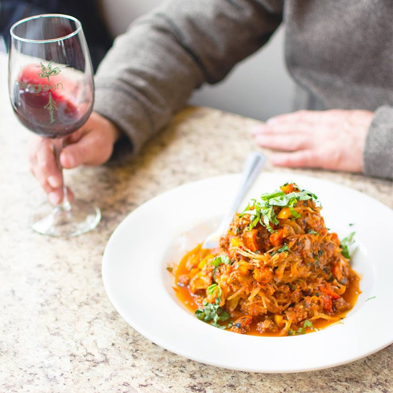 Spaghetti squash Bolognese at the new Bellagreen at the Shops at Legacy.