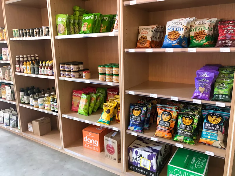 Image: Only plant-based products are on the shelves at Lucky Mouth in Bishop Arts.