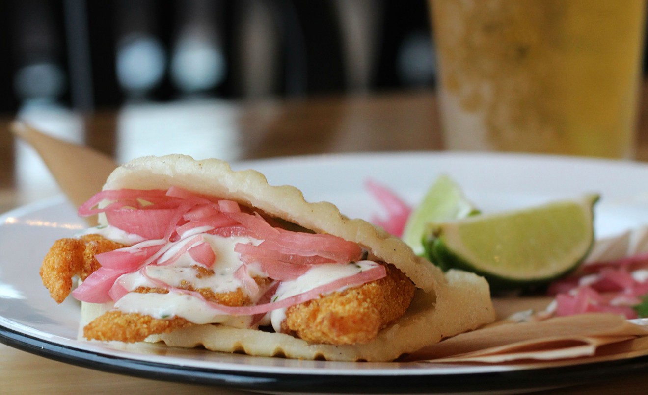 The Baja fish arepa, inspired by chef MaryAnn Allen's time living in the Bay Area, with fried fish, cabbage, pickled red onions and a crema sauce for $7.50.