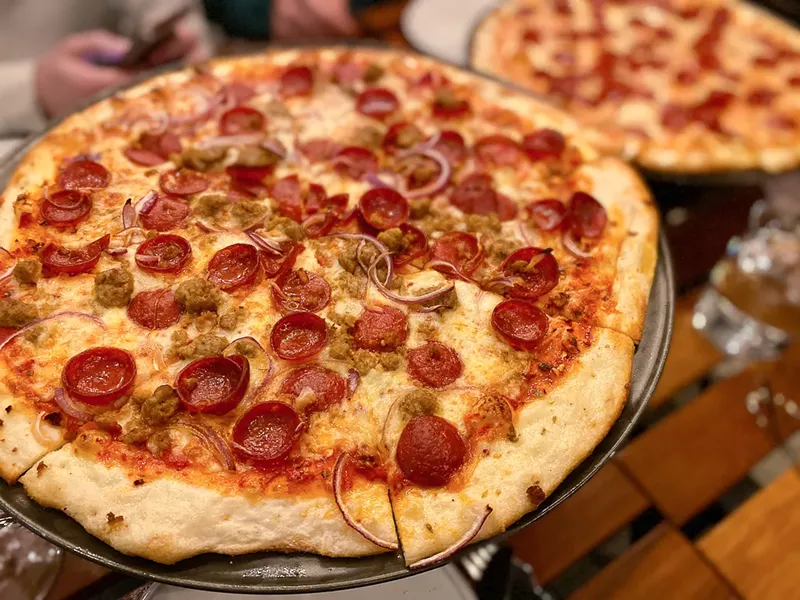 Image: The Donkey is made with a not-very-hot diablo sauce, pepperoni and spicy Italian sausage.