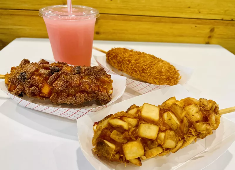 Image: Instead of cornmeal and flour used in most corn dogs in Texas, these use a rice flour. And cheese. Lots of cheese.
