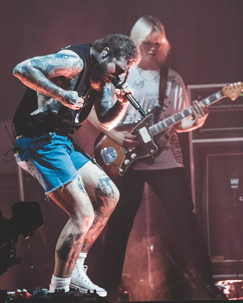 Image: Post Malone dancing the night away at Dos Equis Pavilion in 2023.