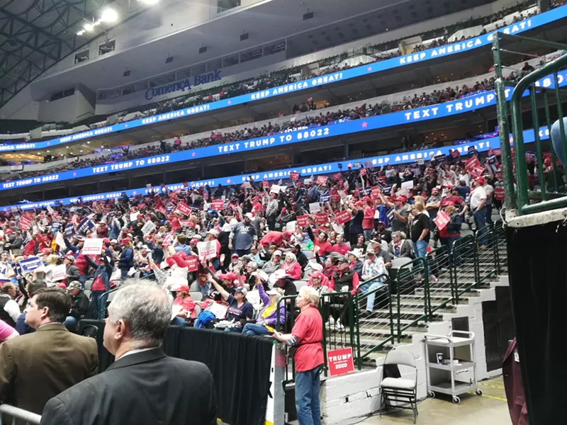 Image: At the prompting of Trump 2020 director Brad Parscale, fans of President Donald Trump chant "four more years" at Trump's Oct. 17, 2019, rally in Dallas.
