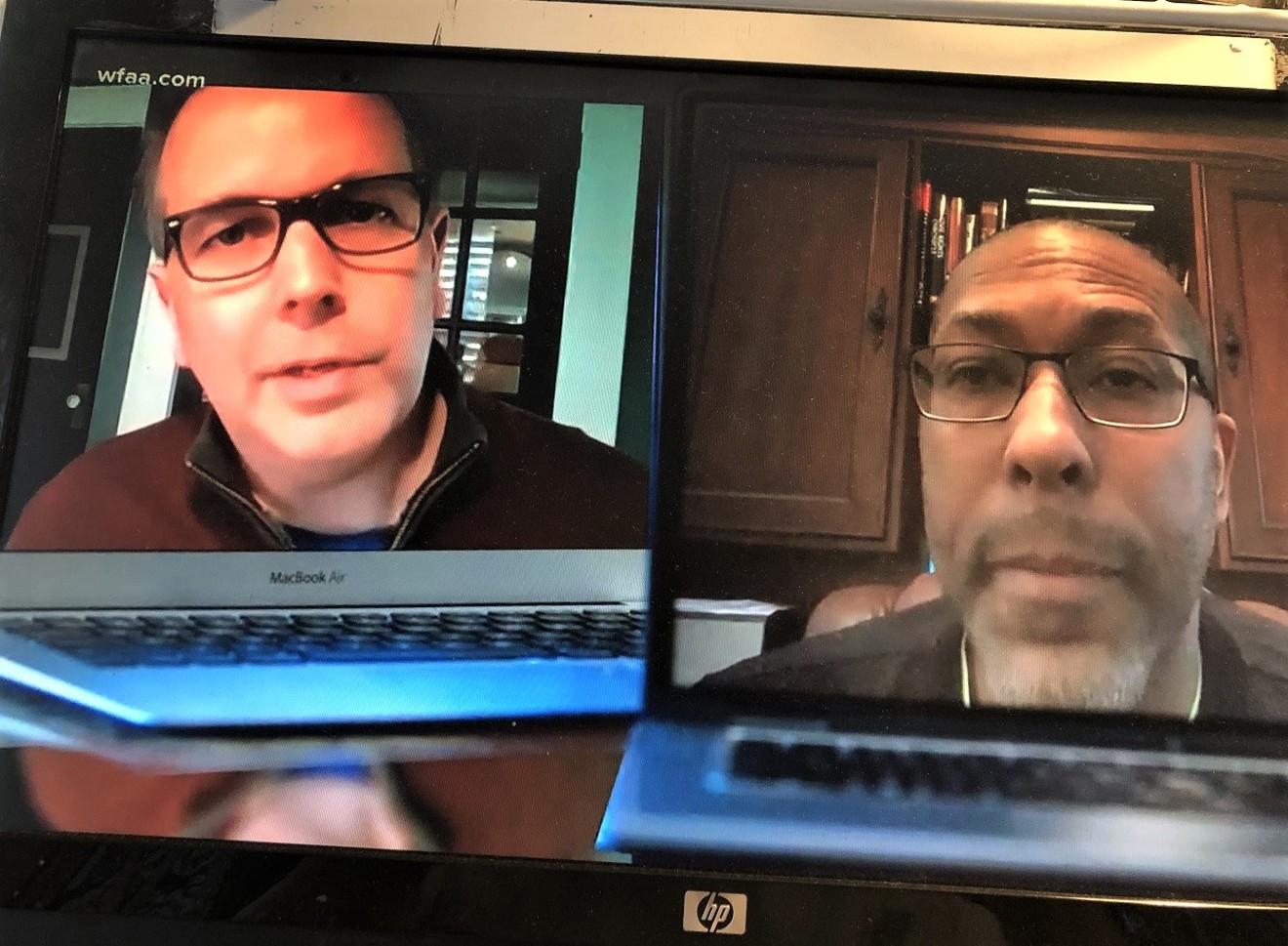 Jason Whitely (left) interviews Dr. Robin Armstrong on my computer.