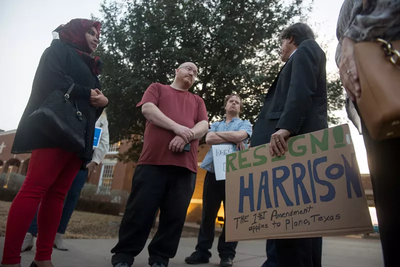 Image: Tom Harrison's opponents protested outside the theater where the mayor gave his state of the city address.