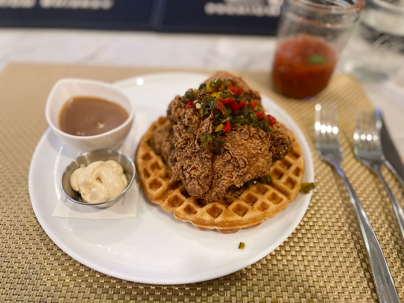 The praline syrup sends the chicken and waffles over the edge.