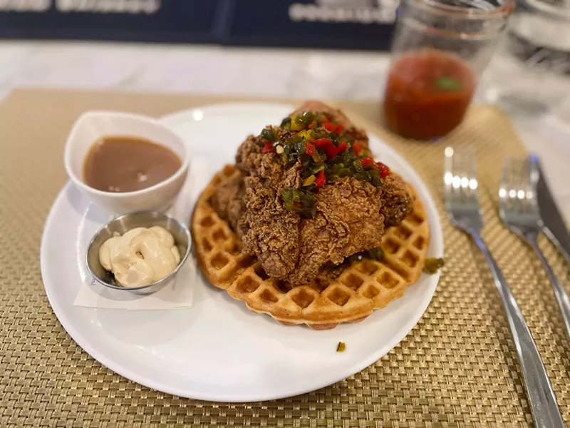 Image: The praline syrup sends the chicken and waffles over the edge.