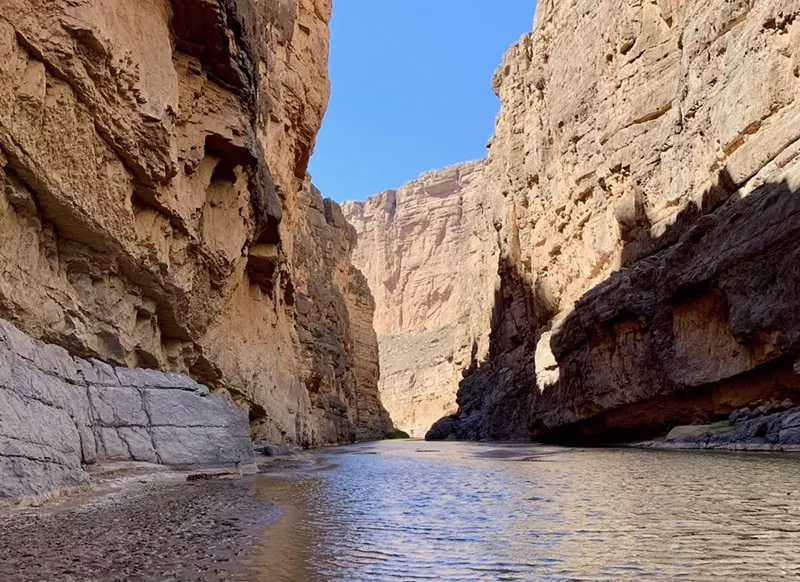 Image: Inside Santa Elena Canyon, which is about a mile walk down an easy trail. Mexico is on the left, the U.S. is on the right.